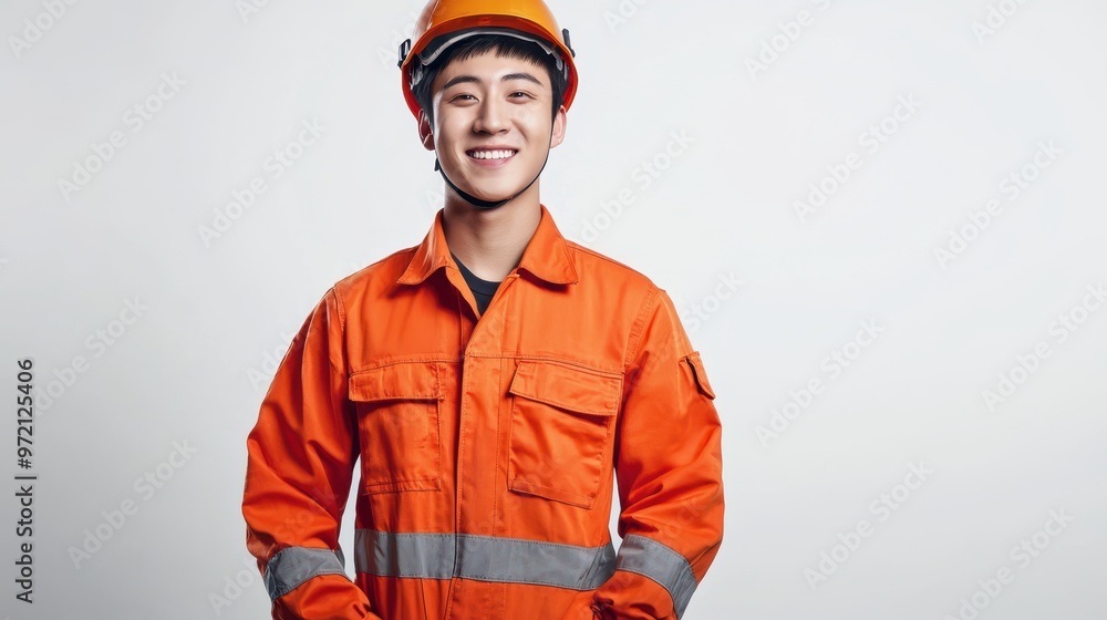 Fototapeta premium Confident Chinese Worker in Orange Uniform Smiling with Safety Helmet Full Body Portrait on White Background