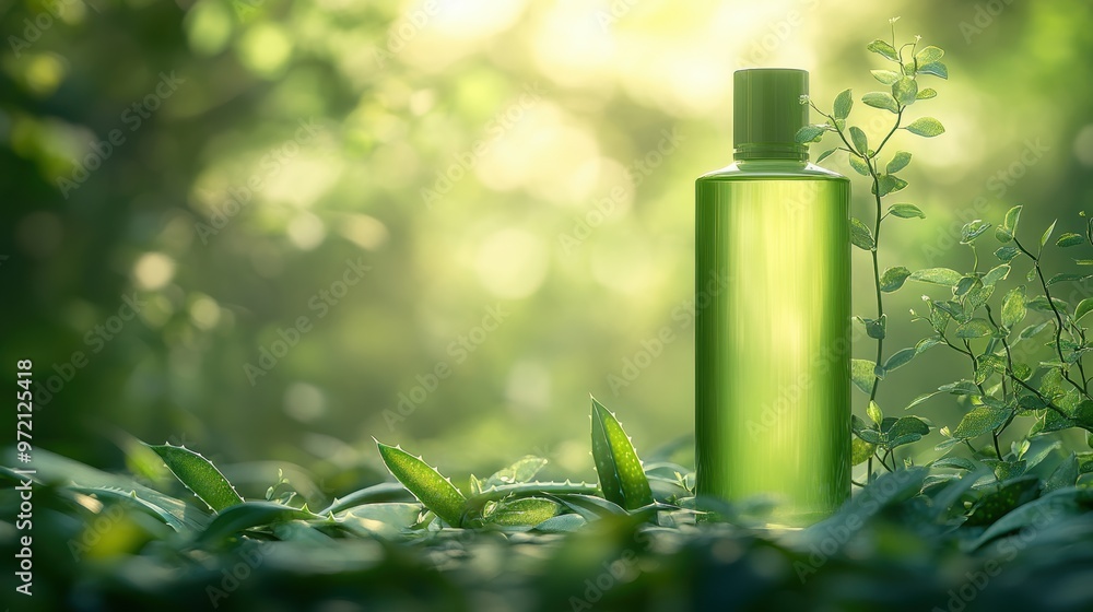 Aloe vera serum in an elegant glass bottle, bathed in bright light, with Aloe leaves adding a touch of nature and freshness to the composition Aloe vera serum in an elegant glass bottle, bathed in bright light, with Aloe leaves adding a touch of nature and freshness to the composition