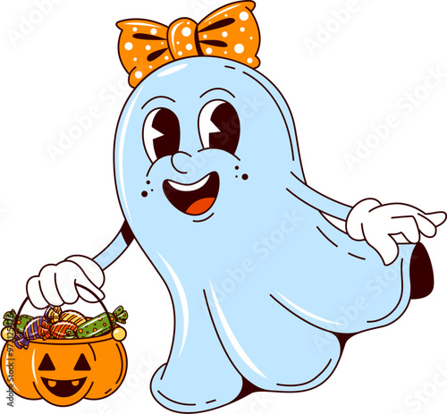 Cartoon retro groovy Halloween ghost character with candies in pumpkin bucket, vector funny boo. Halloween holiday trick or treat party funky girl ghost with monster pumpkin basket of spooky sweets