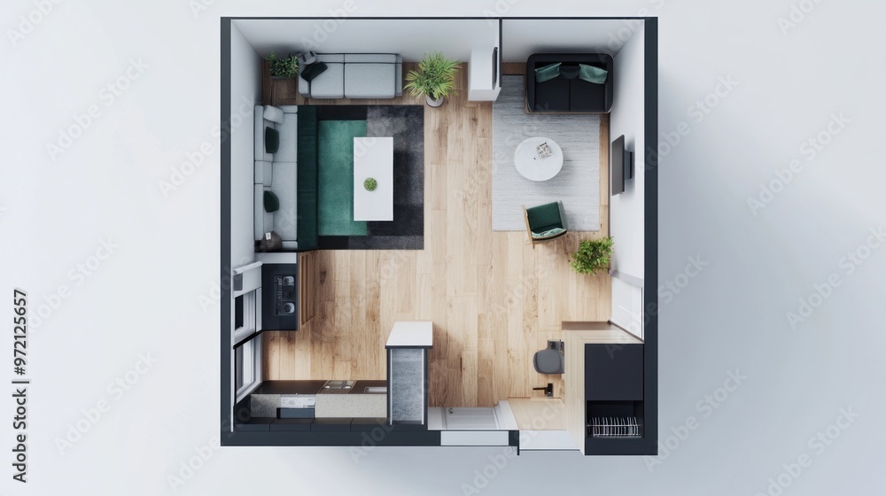Top-Down View of a Modern Studio Apartment Top-Down View of a Modern Studio Apartment