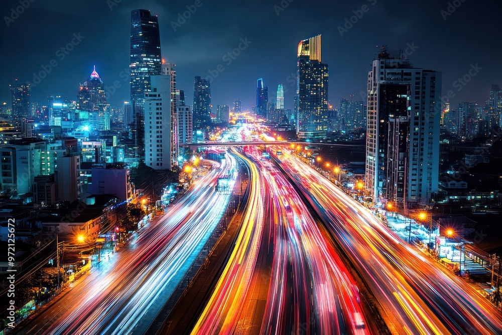 Nighttime Cityscape with Light Trails on Highway Nighttime Cityscape with Light Trails on Highway