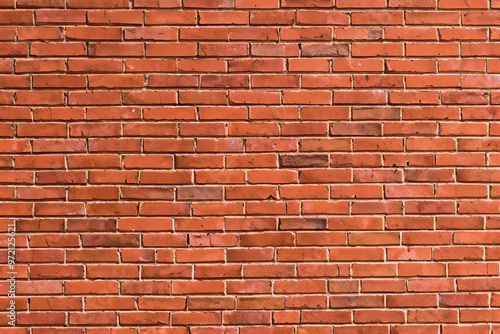 Close up of a red brick wall with a rough texture.