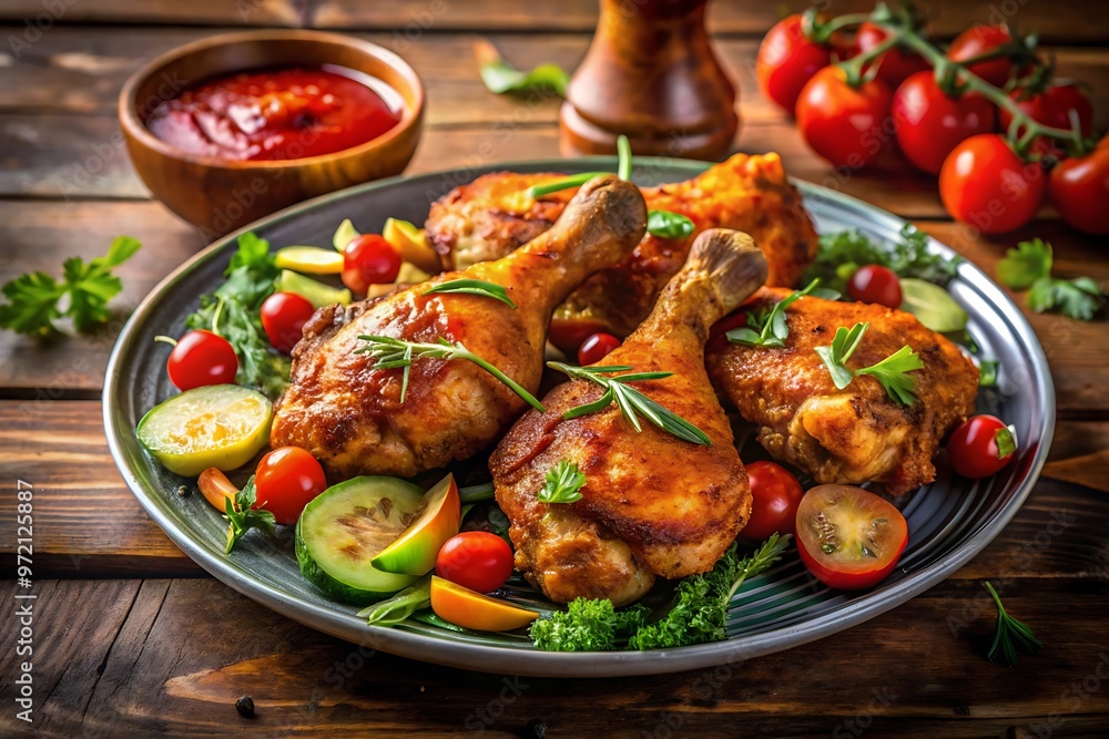 Grilled chicken drumsticks with fresh vegetables, cherry tomatoes, and herbs served on a plate.
Grilled chicken drumsticks with fresh vegetables, cherry tomatoes, and herbs served on a plate.