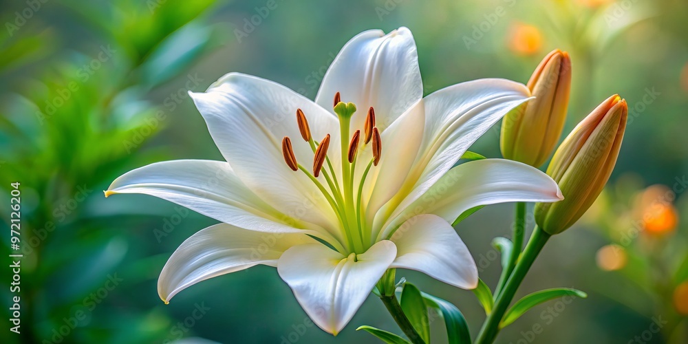 Fototapeta premium A delicate elegant white lily blooms on a slender green stem, showcasing vibrant orange-tipped anthers against a serene