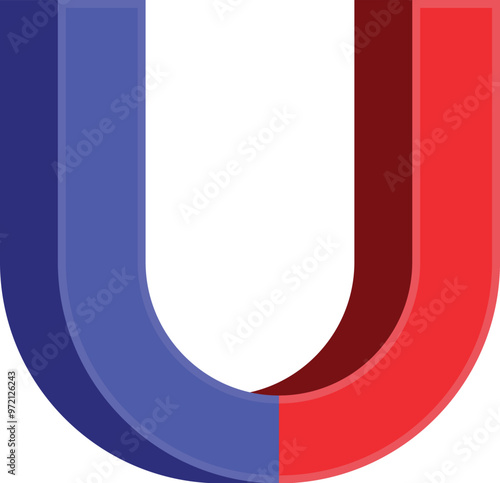 U shaped magnet with blue and red poles attracting metal objects