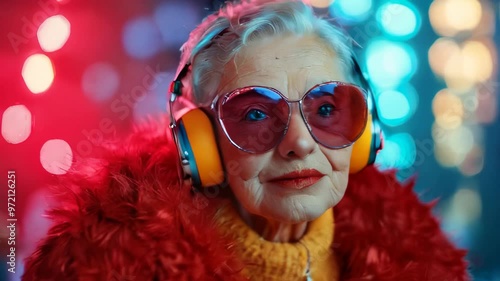 A bright creative elderly woman wearing headphones on a background of bokeh. photo