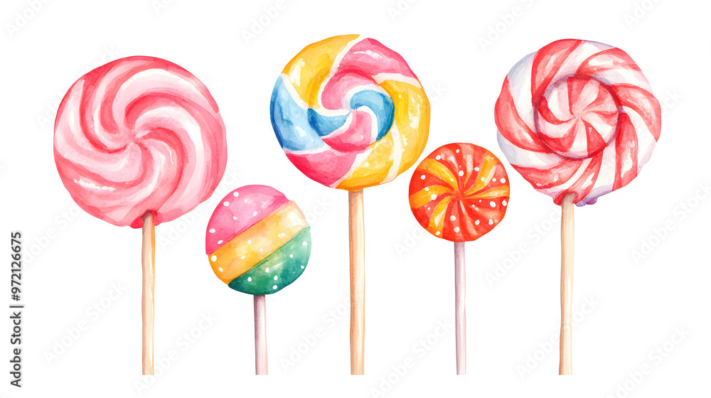 Lollipop with rainbow spiral colors, twisted sucker candy on stick watercolor collection isolated on white background Lollipop with rainbow spiral colors, twisted sucker candy on stick watercolor collection isolated on white background