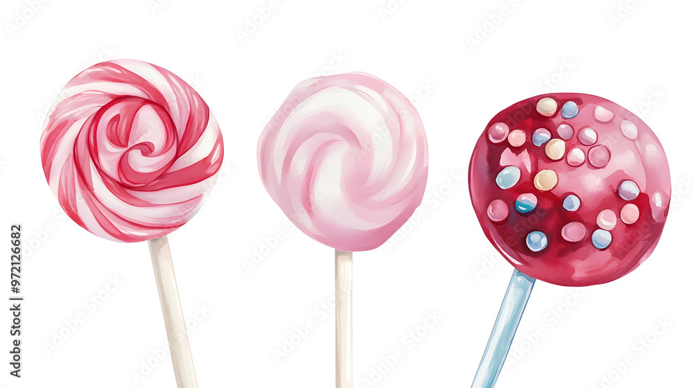 Lollipop with spiral pink colors, twisted sucker candy on stick watercolor collection isolated on white background Lollipop with spiral pink colors, twisted sucker candy on stick watercolor collection isolated on white background