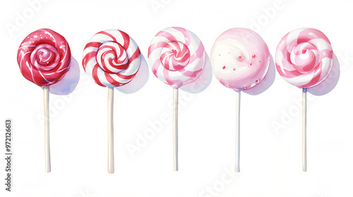 Lollipop with spiral pink colors, twisted sucker candy on stick watercolor collection isolated on white background