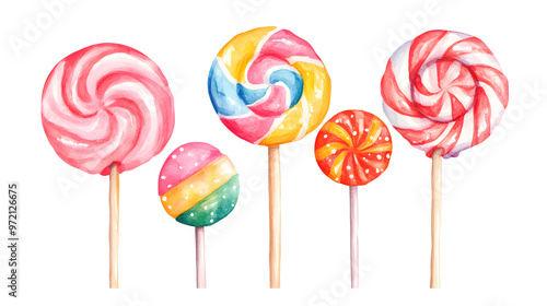 Wallpaper Mural Lollipop with rainbow  spiral colors, twisted sucker candy on stick watercolor collection isolated on white background Torontodigital.ca