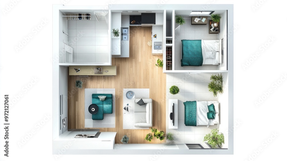 Top View of a Modern Apartment with Teal Accents Top View of a Modern Apartment with Teal Accents