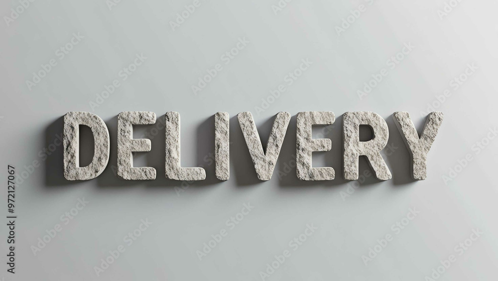 Delivery word made of stone material lettering on plain white background Delivery word made of stone material lettering on plain white background