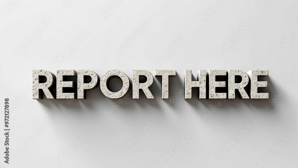 Report Here word made of stone material lettering on plain white background Report Here word made of stone material lettering on plain white background