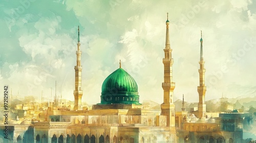 A happy birthday greeting card featuring the green dome and minaret of the Prophet's Mosque. It celebrates the birthday of Prophet Muhammad.