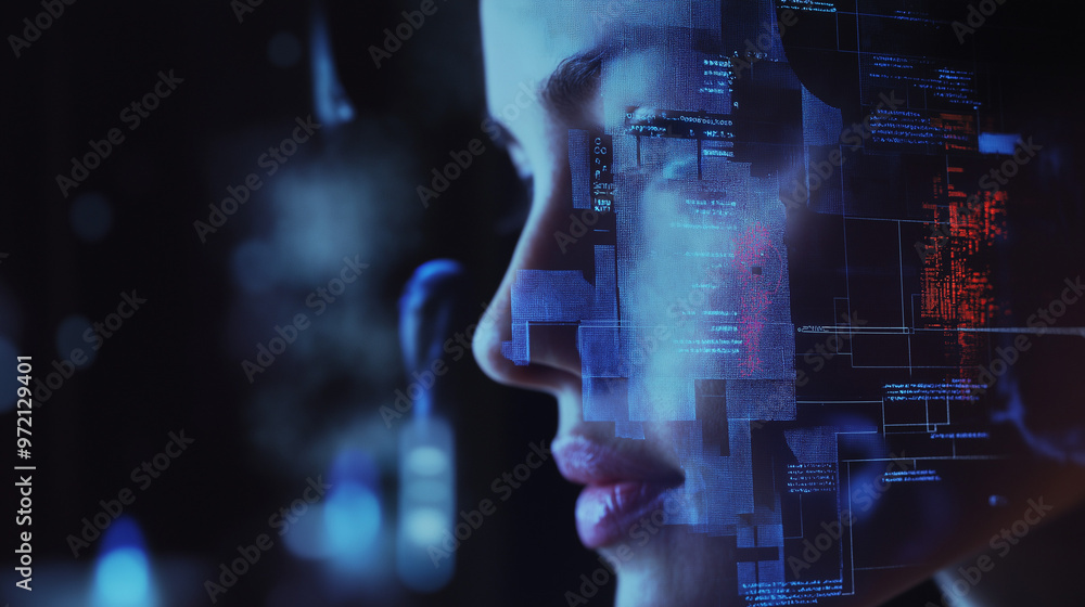 An AI-powered system conducting facial recognition on a woman, displaying a grid of biometric markers over her face as the software analyzes her features in a high-tech environment An AI-powered system conducting facial recognition on a woman, displaying a grid of biometric markers over her face as the software analyzes her features in a high-tech environment