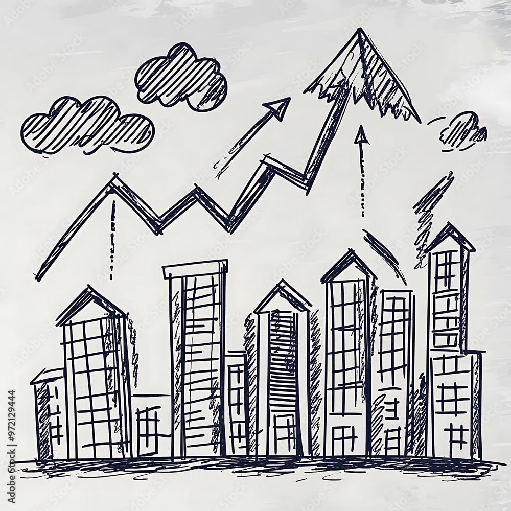 Fototapeta premium Upward Hand Drawn Arrows and Buildings Illustrating Market Trends and Business Growth 
