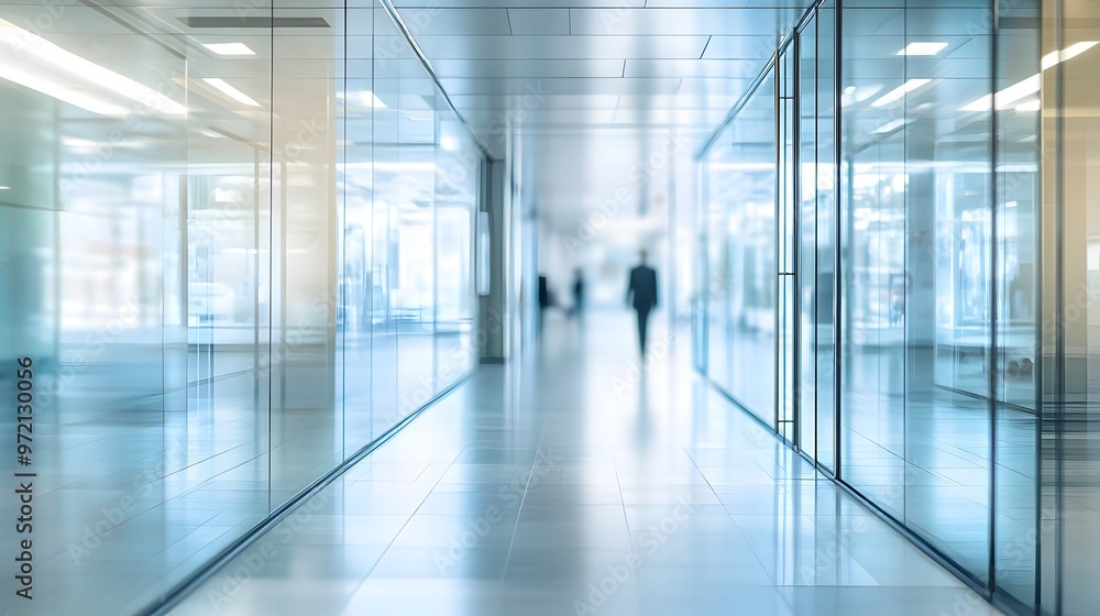 A Blurry Figure Walks Down a Glass-Walled Hallway A Blurry Figure Walks Down a Glass-Walled Hallway