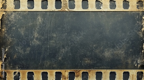 A worn, old movie film strip with a grainy texture, like you'd find in a vintage film. The edges are scratched, giving it a retro look. photo