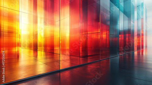 Glass panels in shades of red, orange, and blue create a vibrant abstract space.