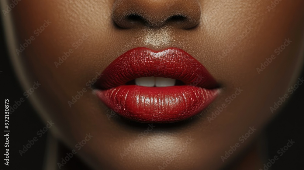 Obraz premium A close-up of a woman lips, highlighted by her soft grip on a bold red lipstick for a glamorous makeup look.