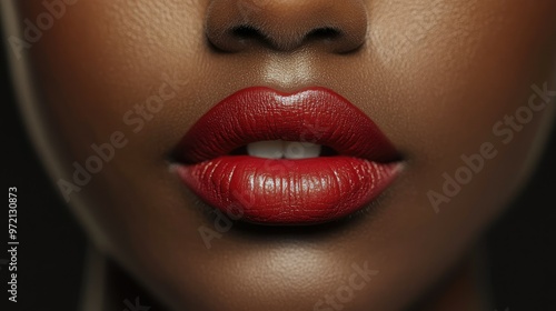 A close-up of a woman lips, highlighted by her soft grip on a bold red lipstick for a glamorous makeup look.