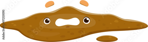 Cartoon poop emoji. Isolated vector anthropomorphic liquid shit or diarrhea puddle personage with wide eyes and distressed or shocked face expression. Funny feces emoticon with splattered brown shape