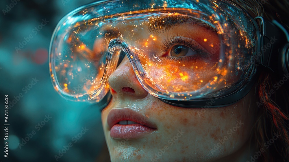 A close-up of a person wearing futuristic goggles with glowing effects. A close-up of a person wearing futuristic goggles with glowing effects.