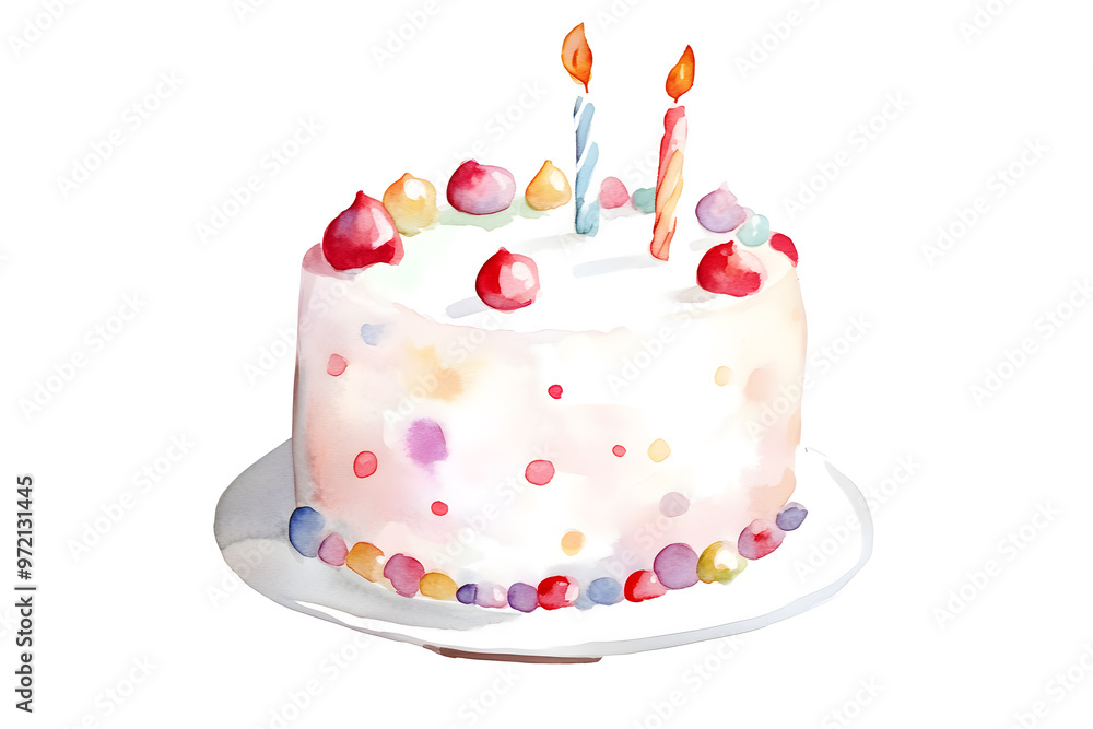 Birthday cake with red berries and candles watercolor illustration isolated on white background Birthday cake with red berries and candles watercolor illustration isolated on white background