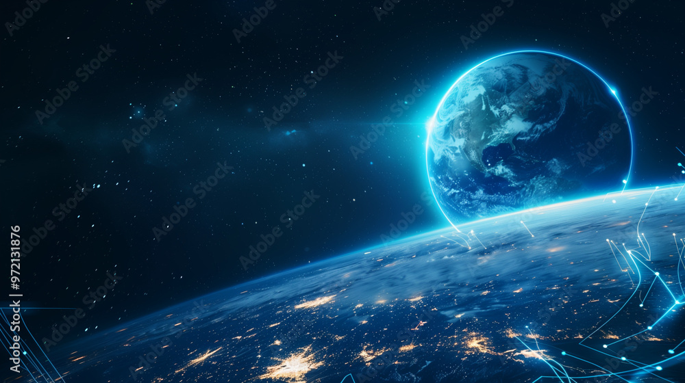 Obraz premium Futuristic Abstract Digital Network Concept with Glowing Data Transfers on Earth in Space, Global Internet Technology and Business Exchange Illustration