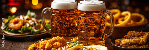 Beer mugs. Two beer mugs surrounded by appetizing pub food in a rustic restaurant