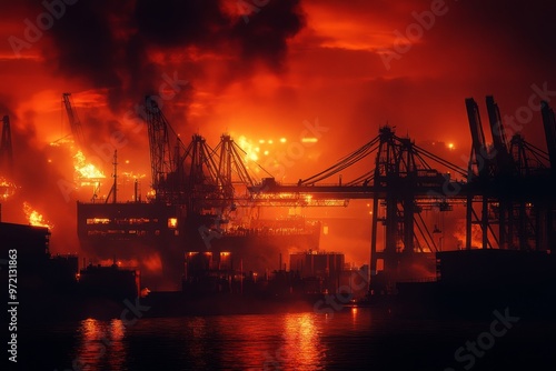 Dramatic nighttime port scene featuring illuminated cranes and a ship against a fiery sky