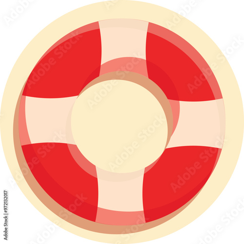 Red and white lifebuoy floating on water, safety equipment helping people in danger at sea or ocean in summer, top view, cartoon style vector illustration