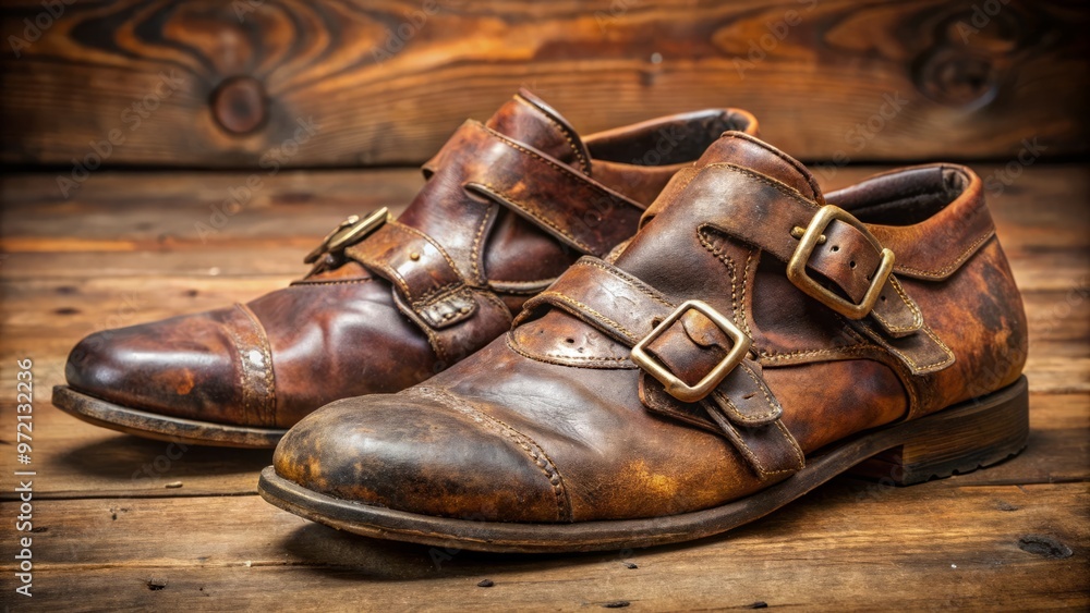 Antique leather footwear, with tarnished buckles and scuffed soles, whispers tales of distant lands, weathered Antique leather footwear, with tarnished buckles and scuffed soles, whispers tales of distant lands, weathered