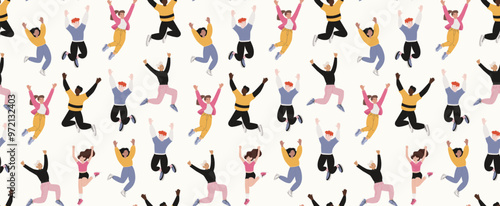 Seamless Pattern of Diverse People Jumping in Celebration