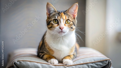 A playful calico tabby cat mix reclines on a cushion, her curious eyes scouting the surroundings and alert photo