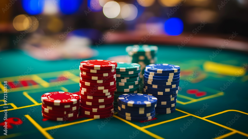 Poker chips on a casino table. Gambling chips. Gambling concept Poker chips on a casino table. Gambling chips. Gambling concept