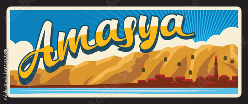 Amasya ili, Turkish city and area in Black Sea region. Vector travel plate, vintage sign, retro postcard design. Province or il in Turkey, old souvenir plaque with landscape and seascape