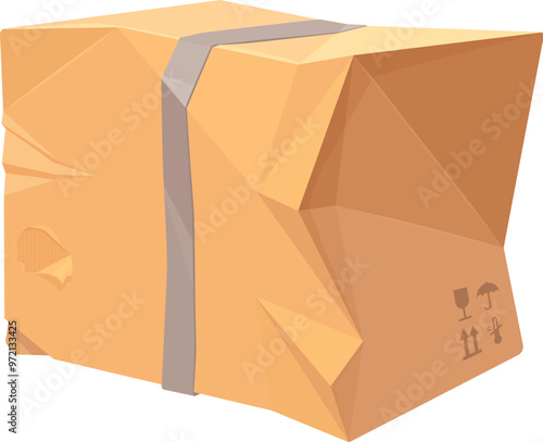 Damaged crumpled cardboard delivery box. Broken and ripped cargo parcel package. Vector distressed and poorly treated package, symbolizing shipping errors, damaged goods and transportation mishaps