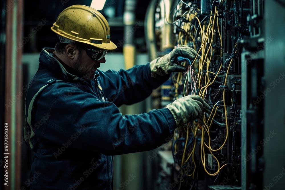 A worker wearing a hard hat and safety glasses, works on electrical wiring in a dark industrial setting. A worker wearing a hard hat and safety glasses, works on electrical wiring in a dark industrial setting.