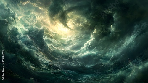 A swirling vortex of dark clouds over a turbulent sea