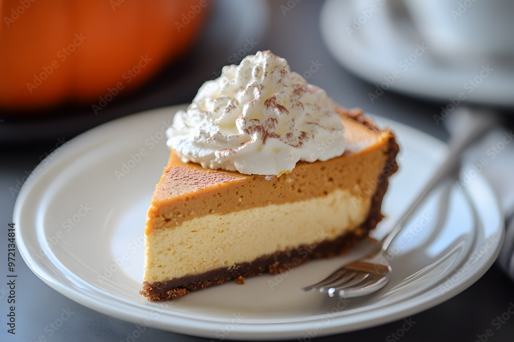 A slice of pumpkin cake with whipped cream on top commercial advertising photo A slice of pumpkin cake with whipped cream on top commercial advertising photo