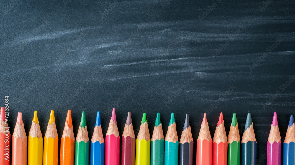 Colorful pencils in front of a blank blackboard. Back to school concept. Education banner Colorful pencils in front of a blank blackboard. Back to school concept. Education banner