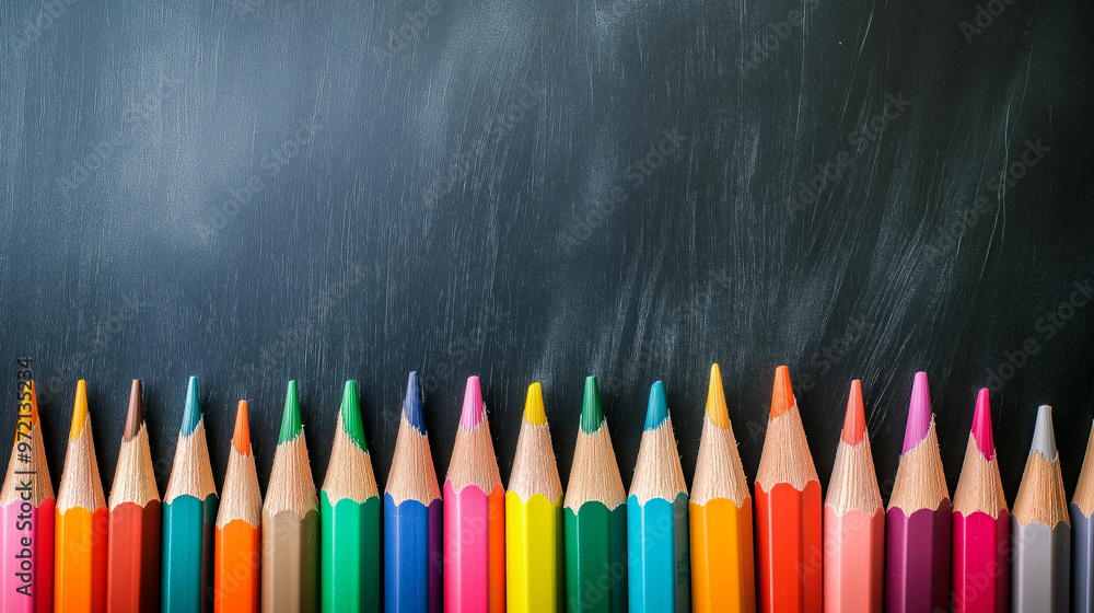 Colorful pencils in front of a blank blackboard. Back to school concept. Education banner Colorful pencils in front of a blank blackboard. Back to school concept. Education banner