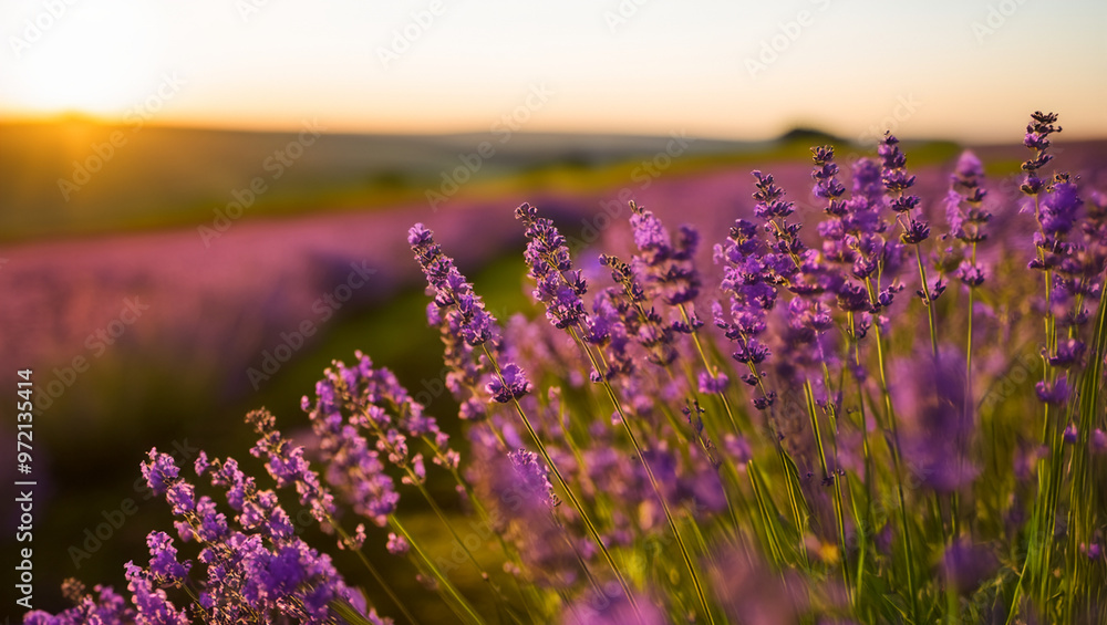 Obraz premium Lavender Field at Sunset with Warm Golden Light