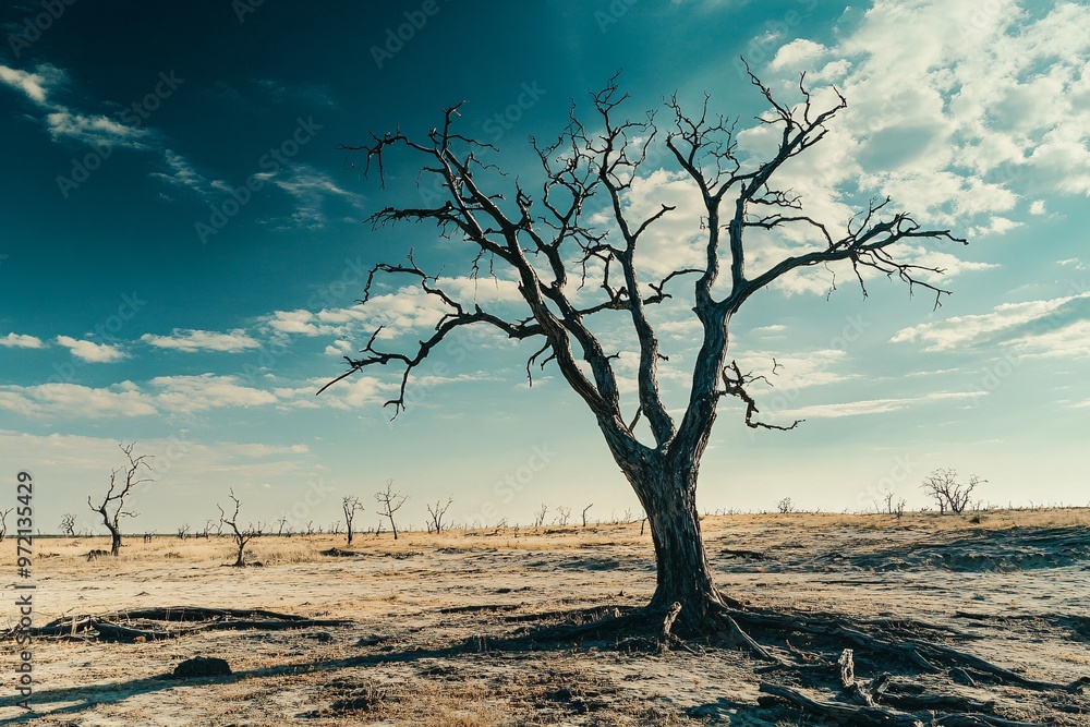 The barren landscape, punctuated by dead trees, represents the severe heat waves and highlights the growing climate crisis The barren landscape, punctuated by dead trees, represents the severe heat waves and highlights the growing climate crisis