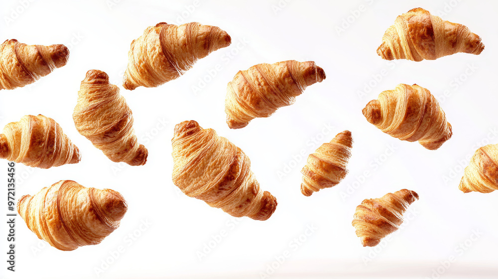 Freshly baked croissants are depicted floating in mid-air against a white background. The French pastry croissants, representing bakery-fresh breads, appear to be suspended, highlighting their flaky a Freshly baked croissants are depicted floating in mid-air against a white background. The French pastry croissants, representing bakery-fresh breads, appear to be suspended, highlighting their flaky a