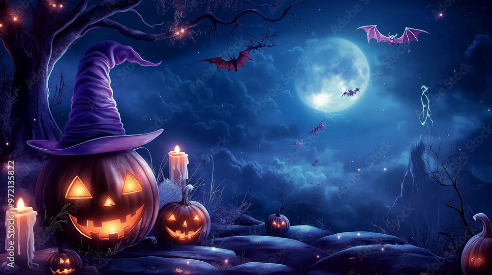 Purple pumpkins, a hat-adorned tree, a bat in flight, ghostly figures, and flickering candles. Purple pumpkins, a hat-adorned tree, a bat in flight, ghostly figures, and flickering candles.