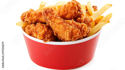 Hot, crispy chicken tenders are served as crunchy strips alongside golden fries, all presented in a small red bucket. The bucket and its contents are isolated against a white background, highlighting 