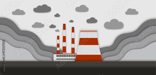 Paper cut factory pollution, chimney smoke, environment papercut banner. Vector building of energy industry power plant, gas and oil refinery factory paper cut skyline, pipes and polluted air clouds
