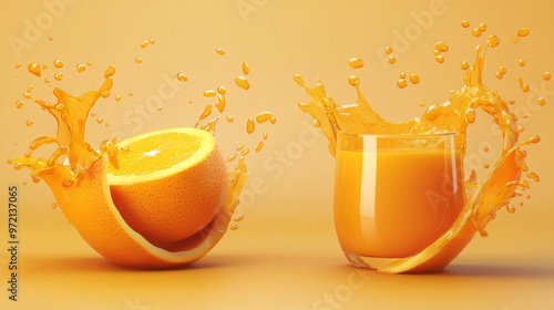 A 3D realistic vector set showcasing vibrant fruit splashes. The set features dynamic splashes of orange juice, capturing the energetic and refreshing essence of the fruit. The realistic design highli photo